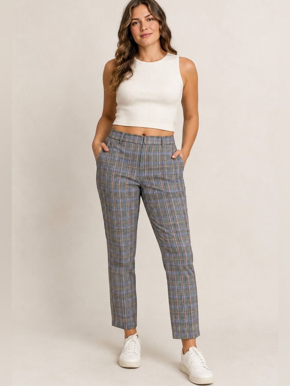 Massimo Fabro Plaid Tailored Ankle Pants Gray Blue Orange Checkered Trousers